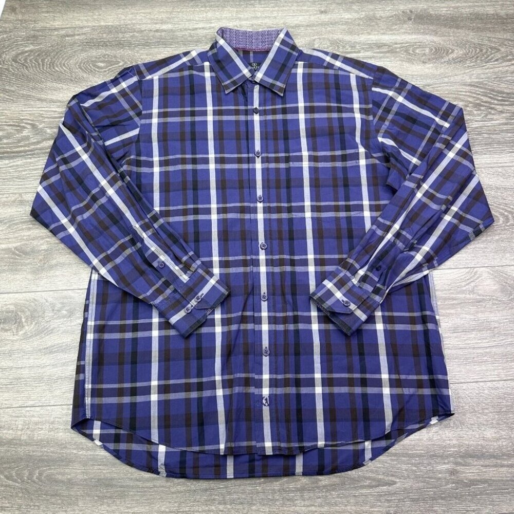 Bugatchi Dress Shirt Men's Large Blue Purple Plaid Geometric Flip Cuff Button Up